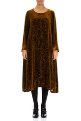 Golden Olive Devoré Feather Silk Velvet Dress 1