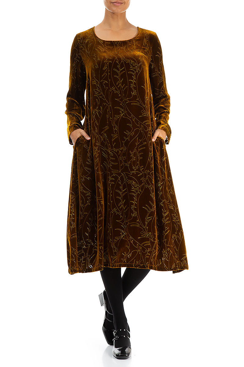 Golden Olive Devoré Feather Silk Velvet Dress 4