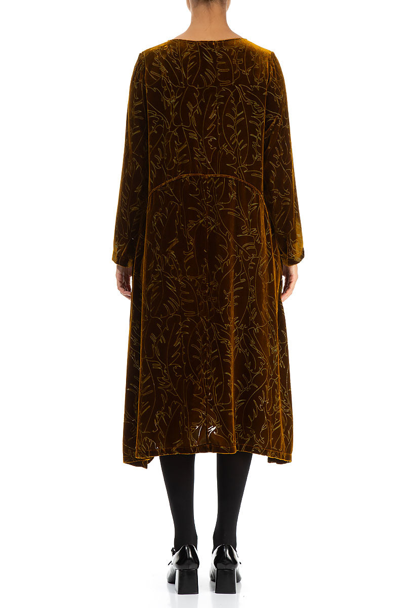 Golden Olive Devoré Feather Silk Velvet Dress 2