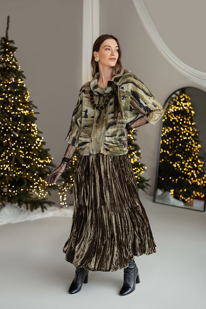 Jupe en velours de soie froissé couleur sauge dorée