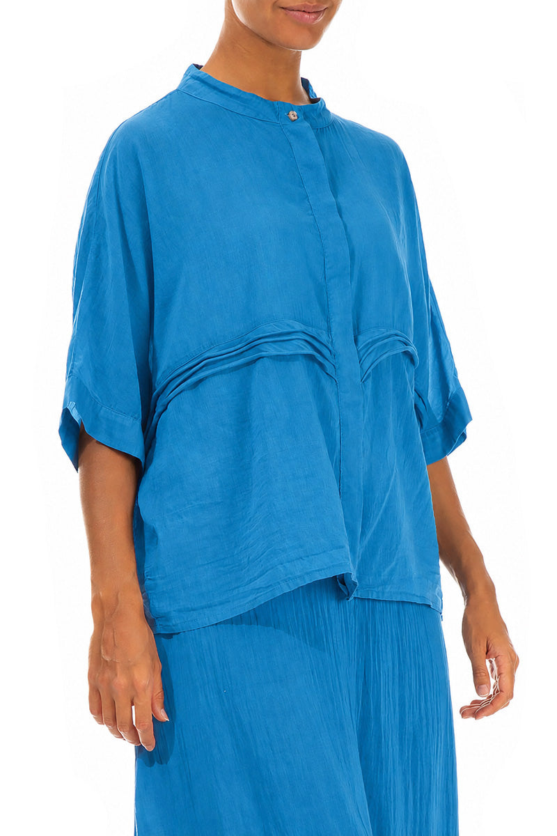 Chemise en soie et coton bleu cobalt à col grand-père