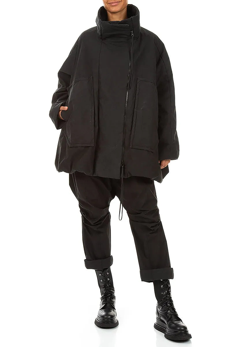 High Collar Black Cotton Puffer Coat 5