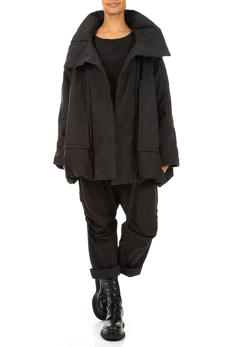 High Collar Black Cotton Puffer Coat 6