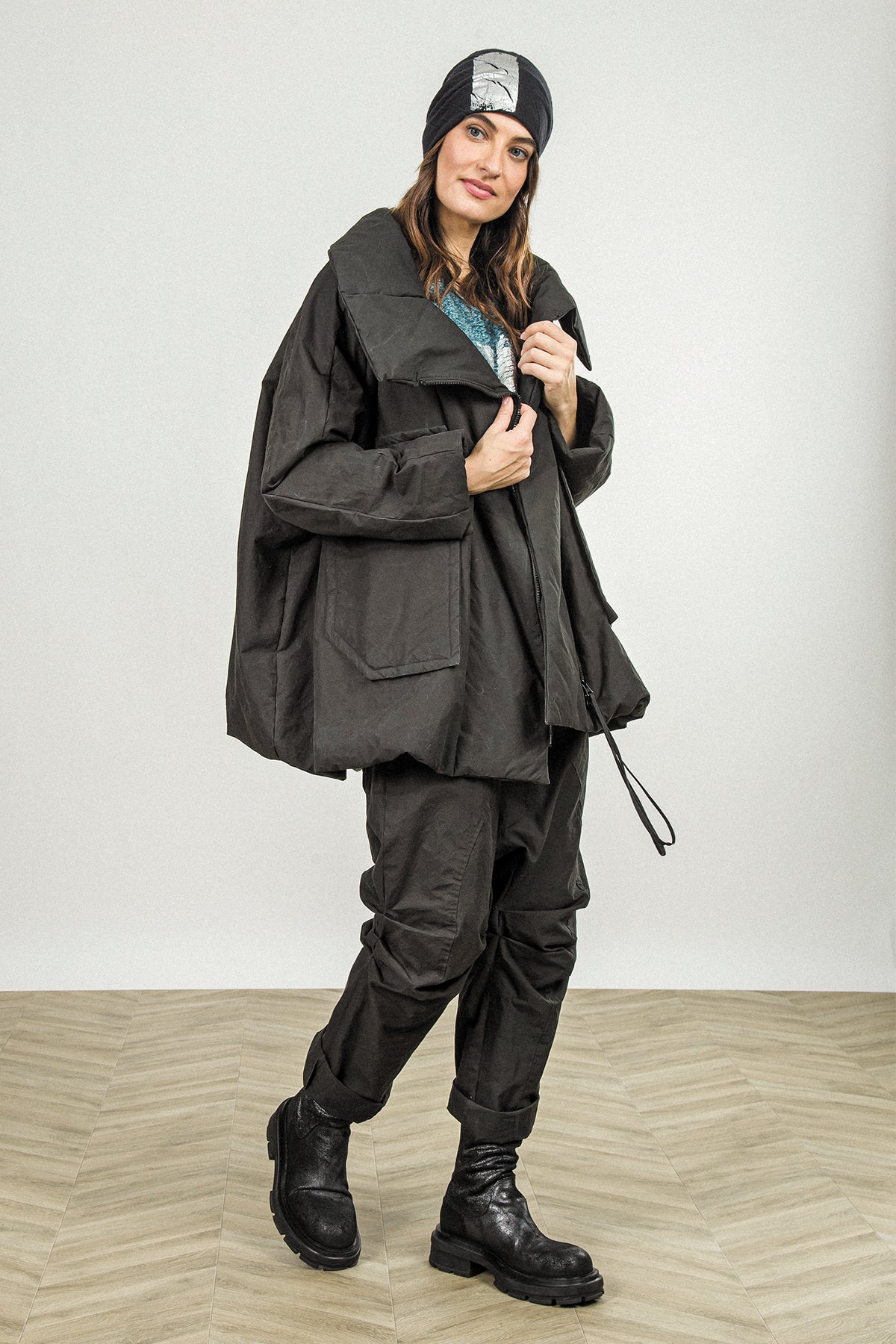 High Collar Black Cotton Puffer Coat 1