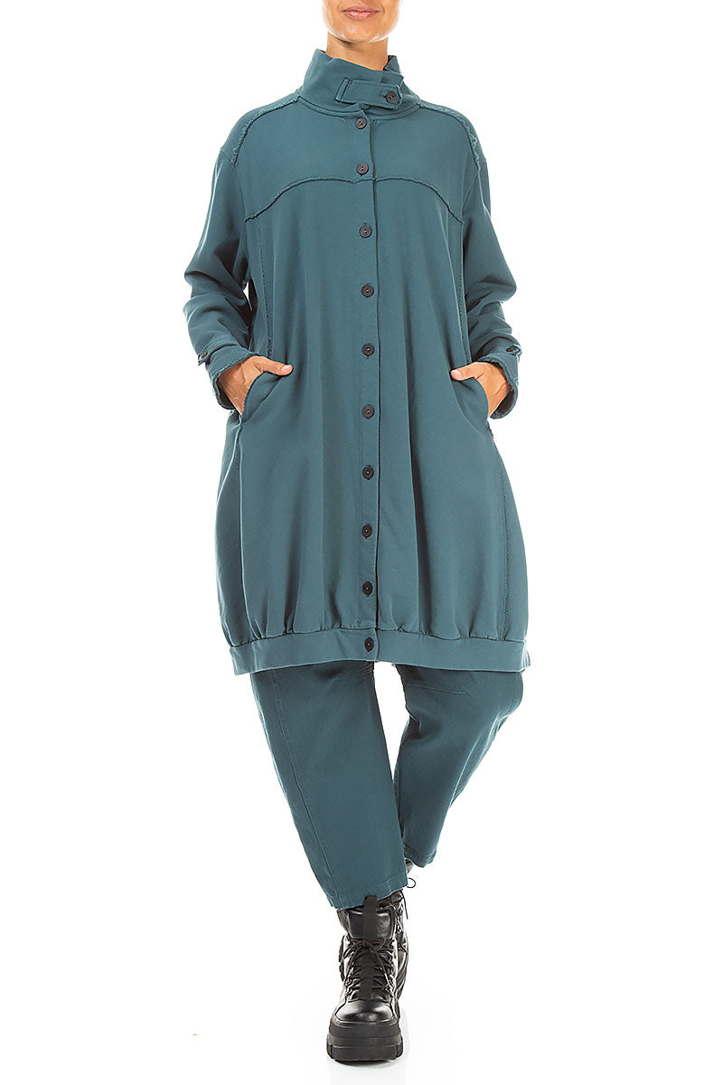 High Collar Deep Turquoise French Terry Cotton Jacket 4