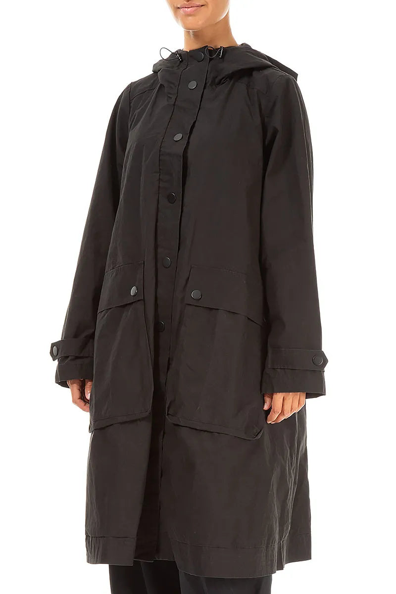 Hooded Flared Black Cotton Coat 3