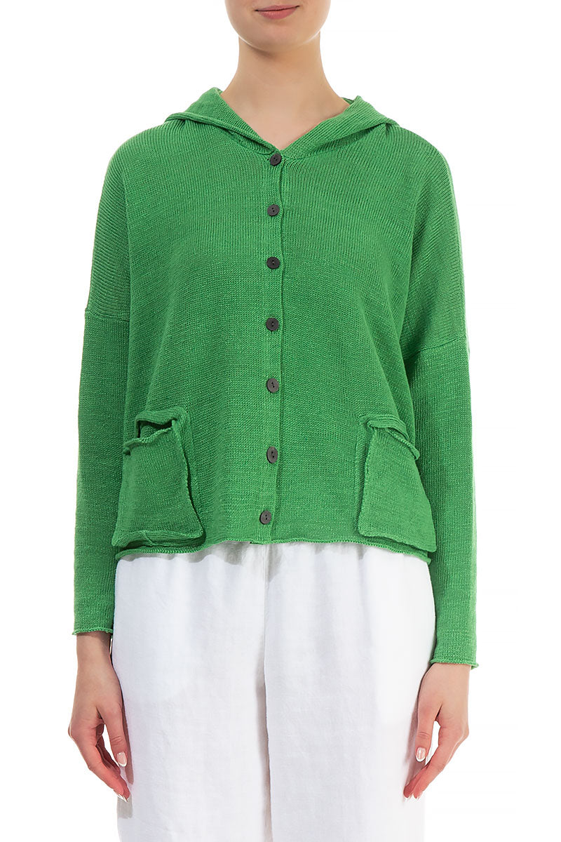 Hooded Boxy Spring Green Linen Cardigan 1