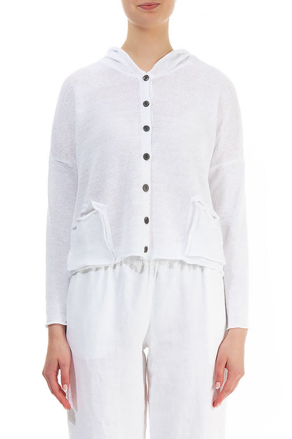 Hooded Boxy White Linen Cardigan 1