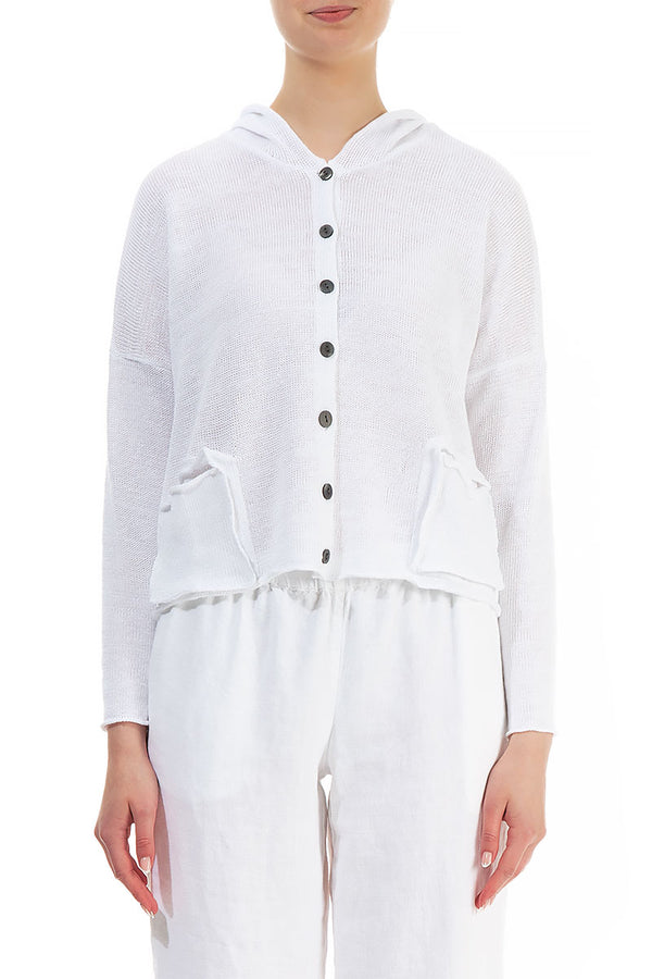 Hooded Boxy White Linen Cardigan 1