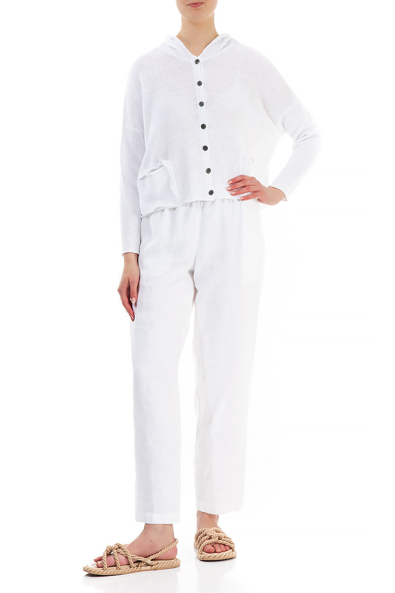 Hooded Boxy White Linen Cardigan 4