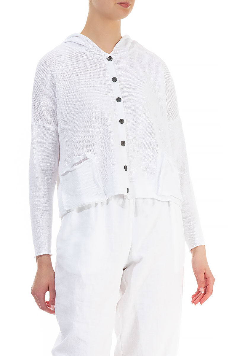 Hooded Boxy White Linen Cardigan 3