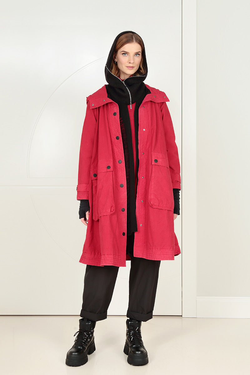 Hooded Cherry Red Cotton Coat 8