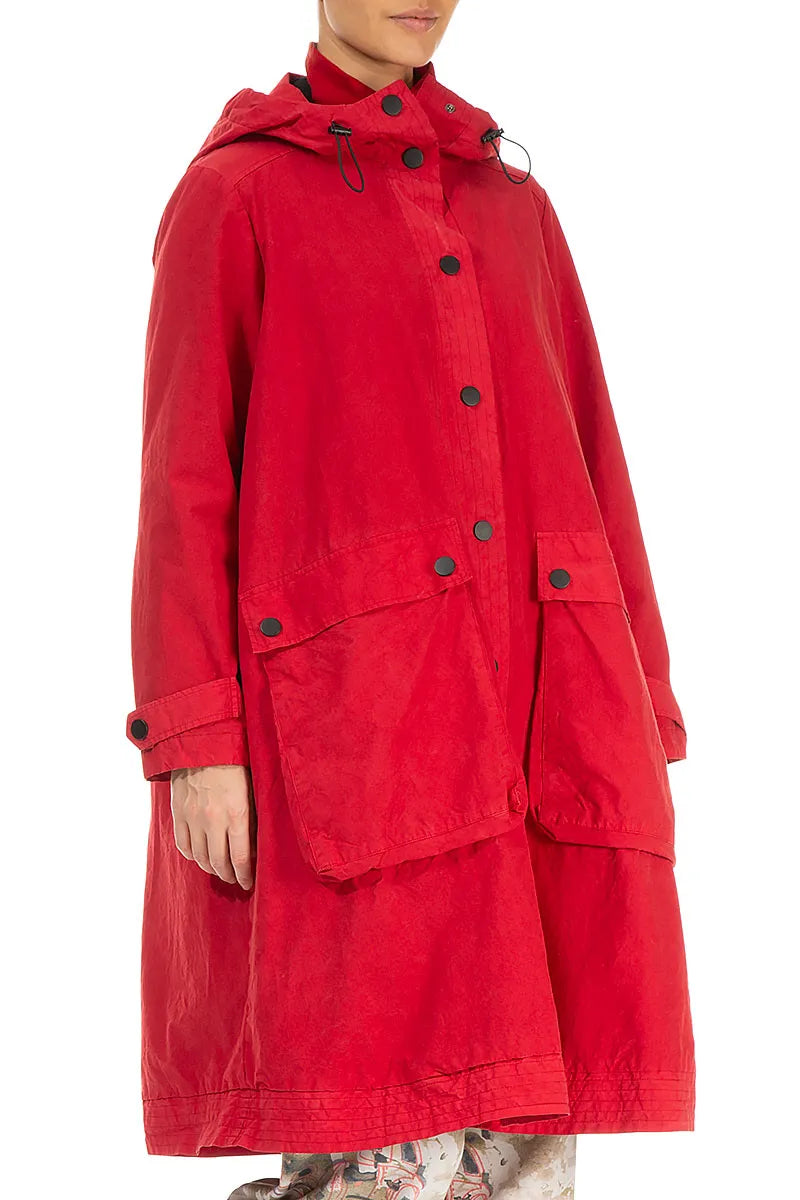 Hooded Cherry Red Cotton Coat 3