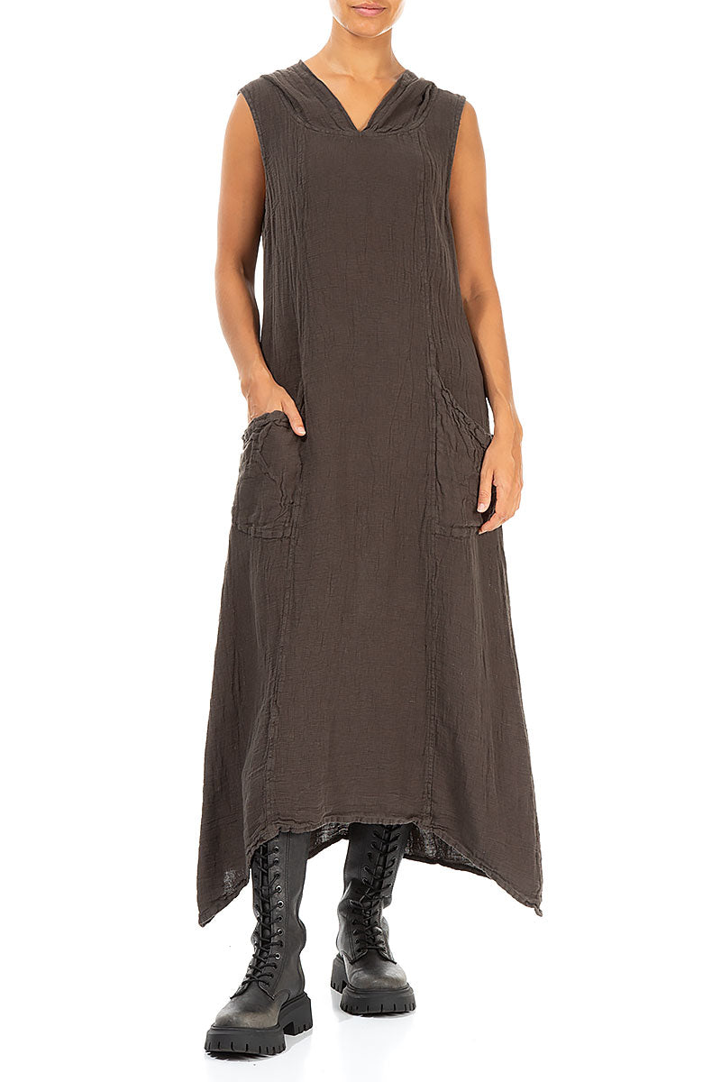 Hooded Dark Mocha Linen Dress 3