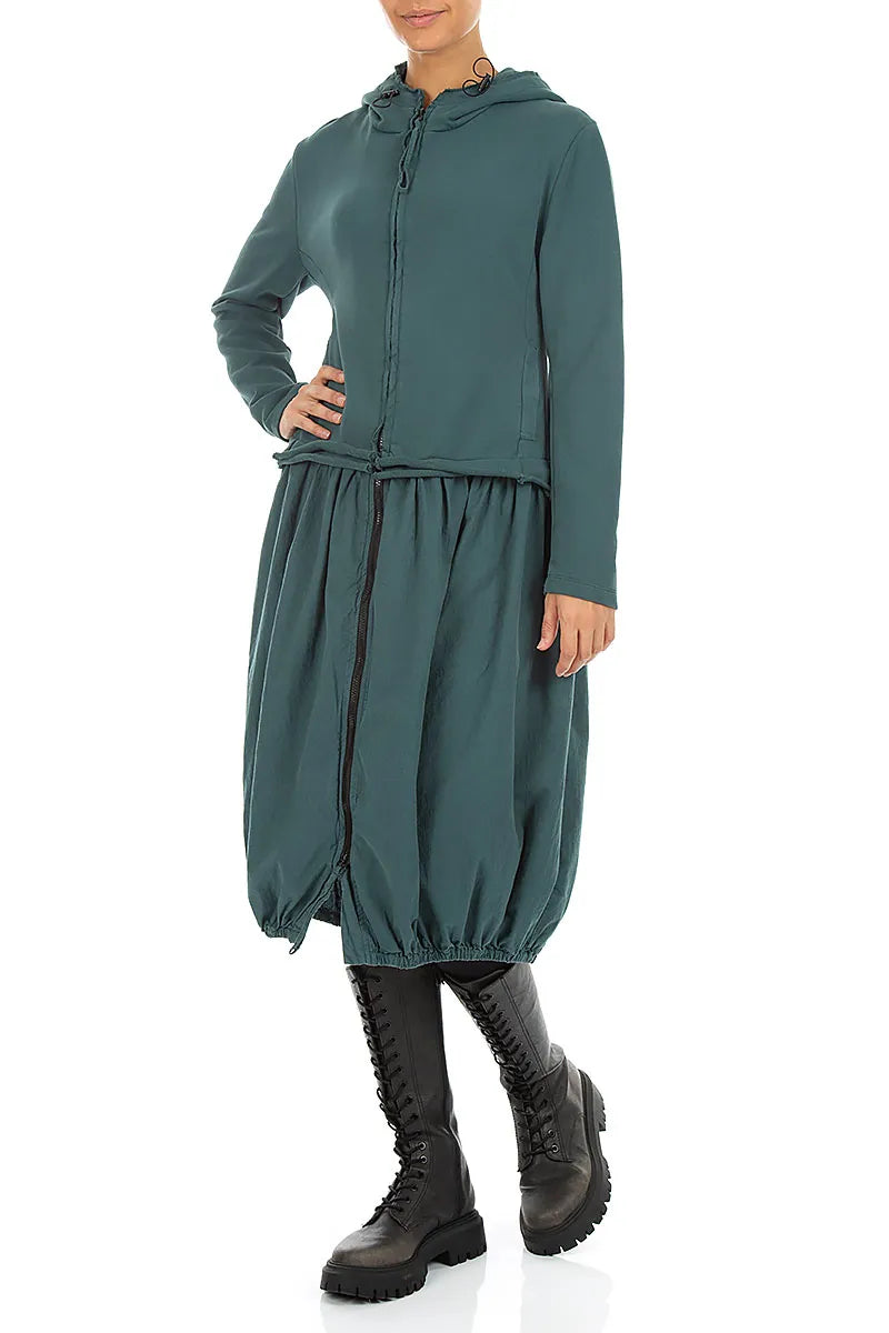 Hooded Deep Turquoise Cotton Jacket Dress 4