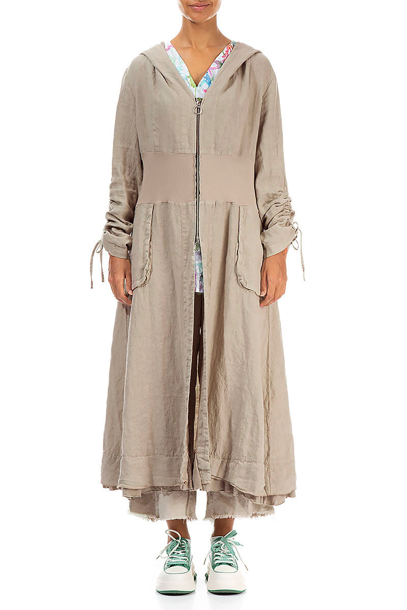 Kapuzenjacke aus Leinen mit Raffärmeln in Beige