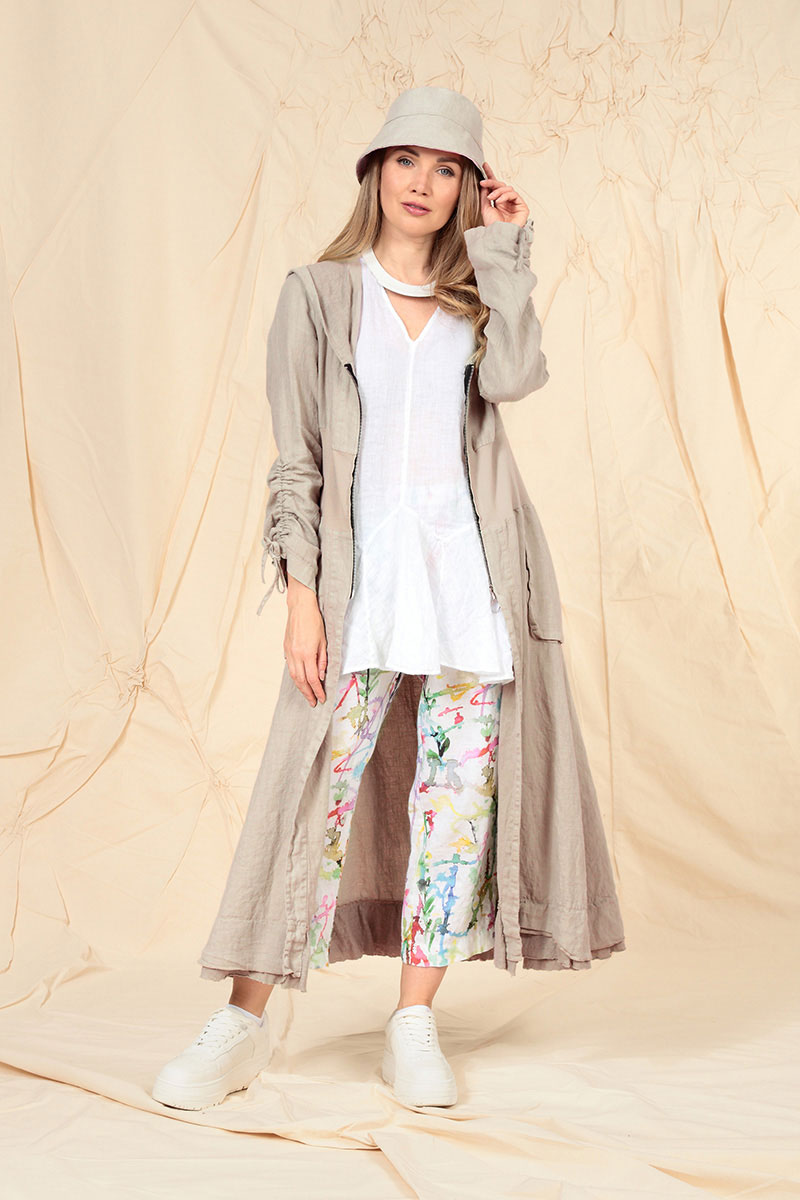 Kapuzenjacke aus Leinen mit Raffärmeln in Beige