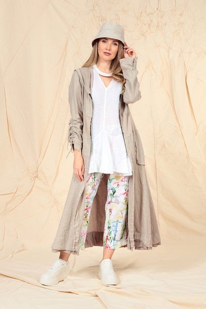 Kapuzenjacke aus Leinen mit Raffärmeln in Beige