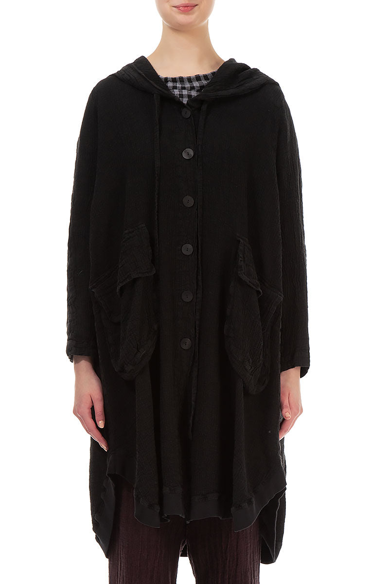 Hooded Oversized Black Linen Viscose Jacket 1