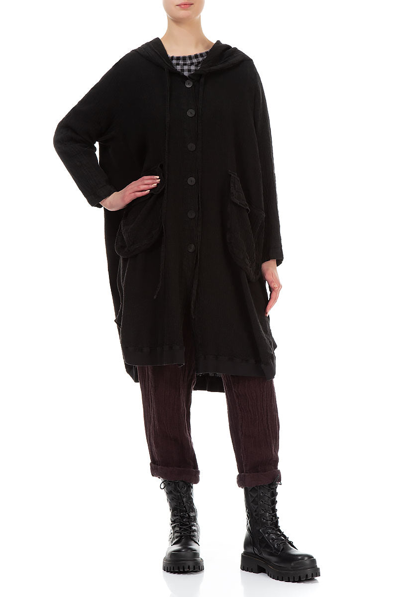 Hooded Oversized Black Linen Viscose Jacket 3