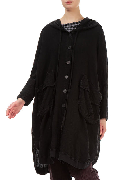 Hooded Oversized Black Linen Viscose Jacket 4