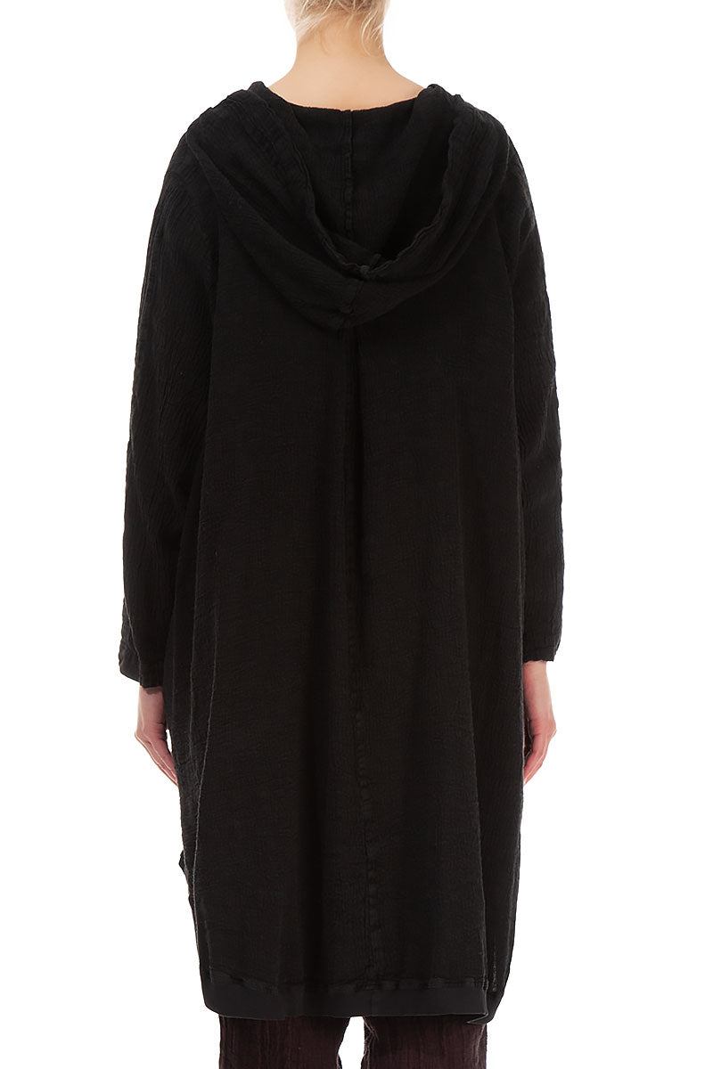 Hooded Oversized Black Linen Viscose Jacket 2