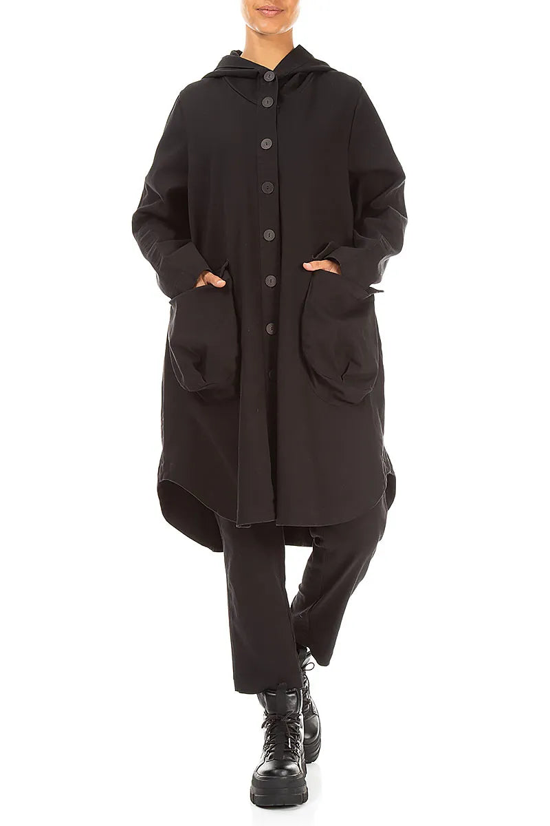 Hooded Black Stretch Cotton Coat 4