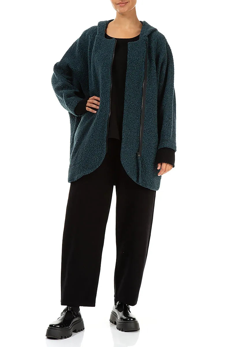 Hooded Teal Plush Wool Cotton Zip Jacket 5