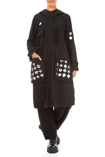 Hooded Three Pockets Black Silver Metallic French Terry Cotton Jacket 4