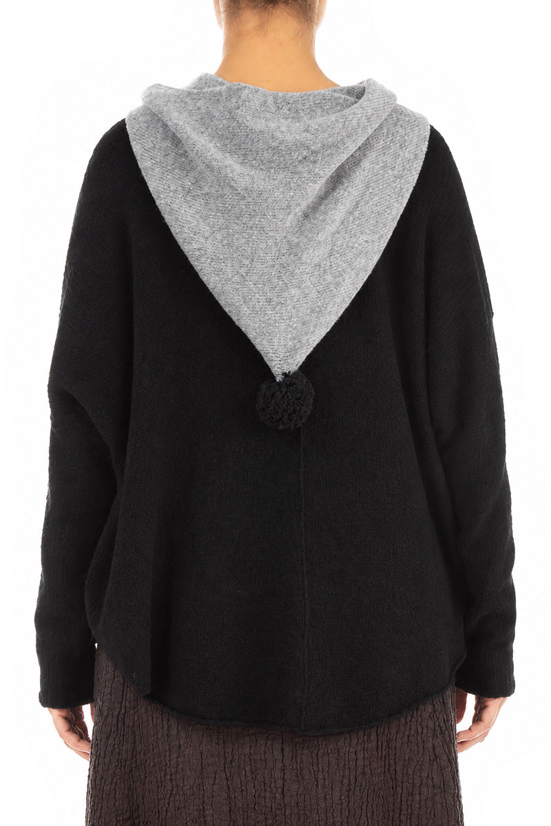 Cardigan à capuche bicolore noir en Laine