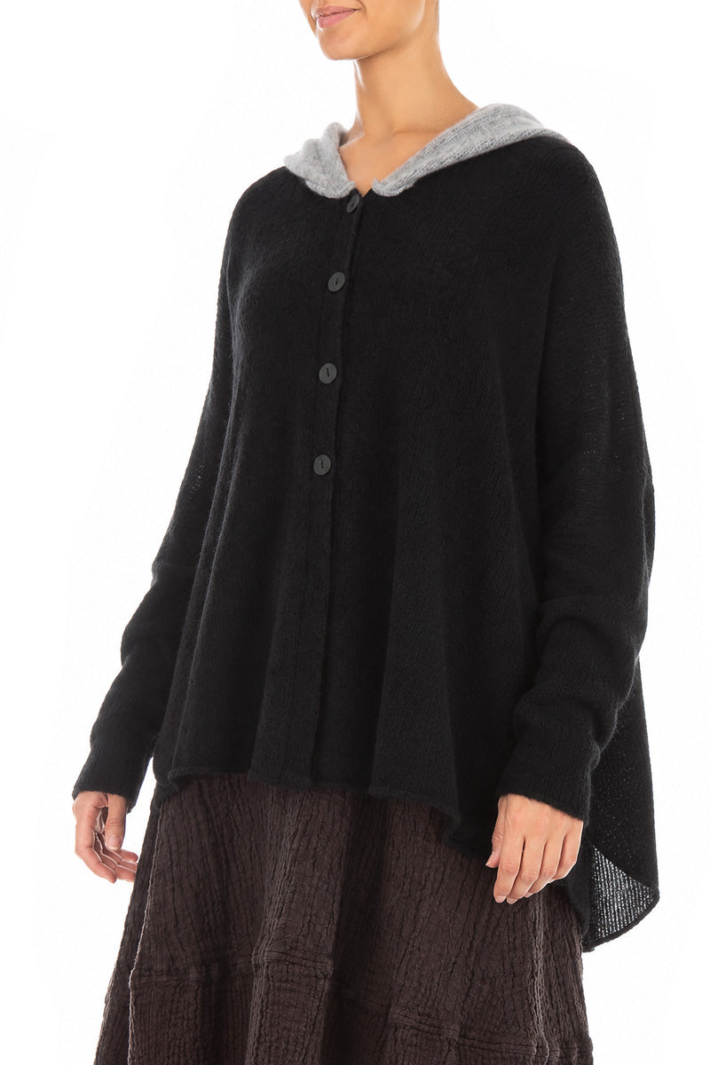 Hooded Two-Tone Black Wool Cardigan 3