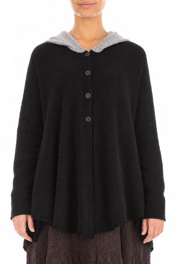 Cardigan à capuche bicolore noir en Laine