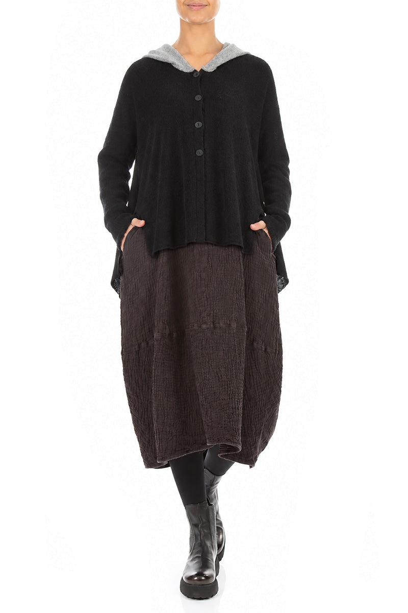 Hooded Two-Tone Black Wool Cardigan 4