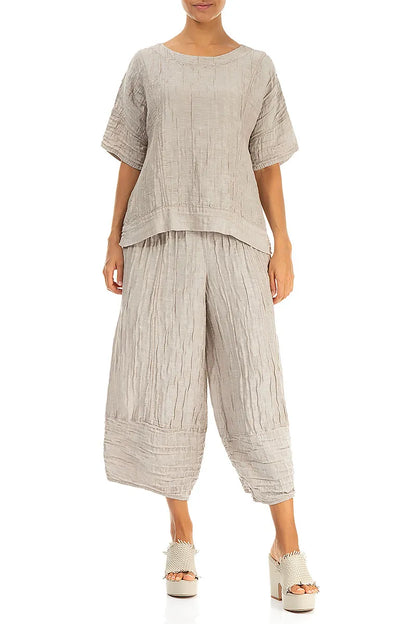 Beige Seiden-Leinenbluse mit horizontalem Saum und Knittereffekt