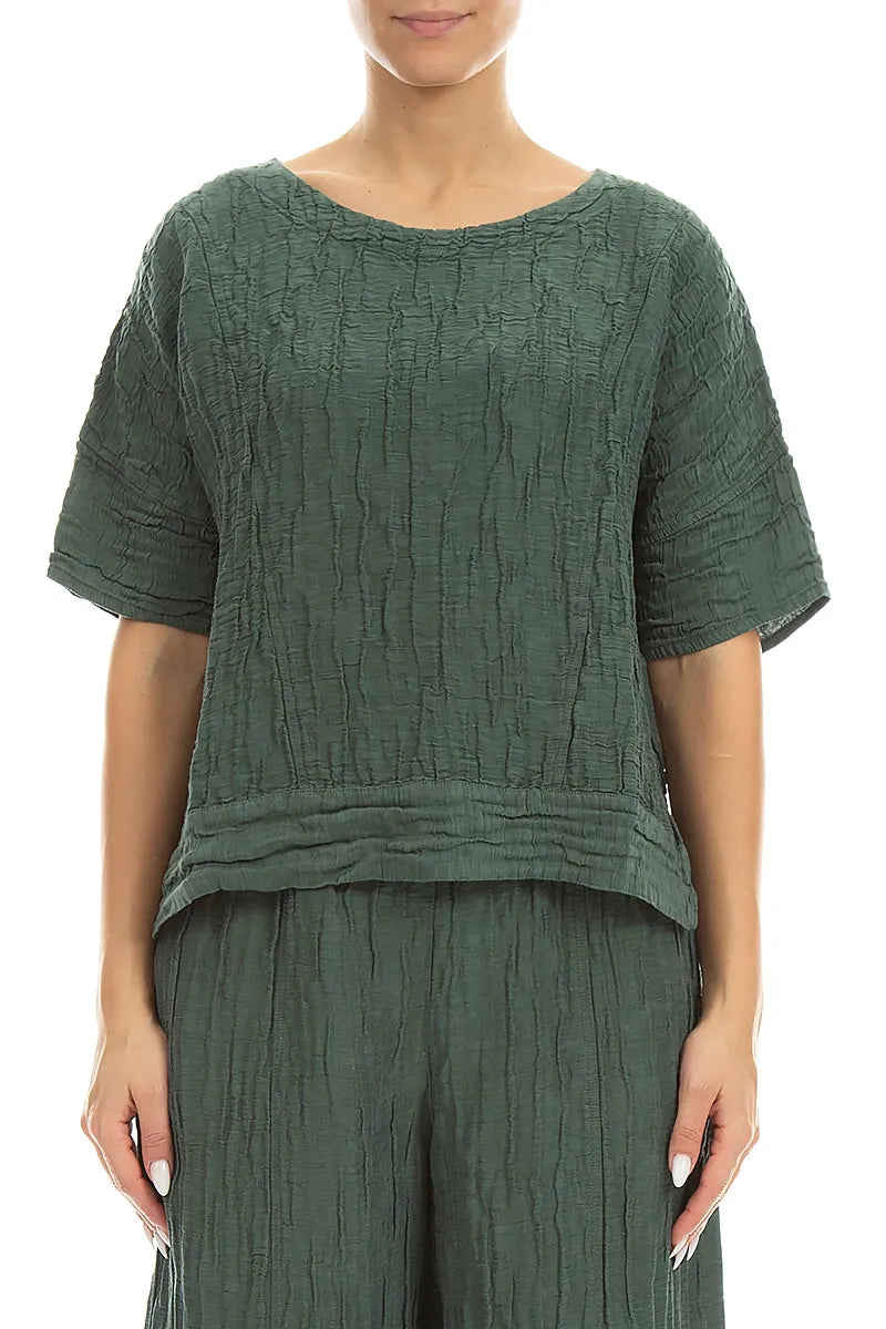 Bluse aus geknittertem, salbeifarbenem Seidenleinen mit horizontalem Saum und Knittereffekt