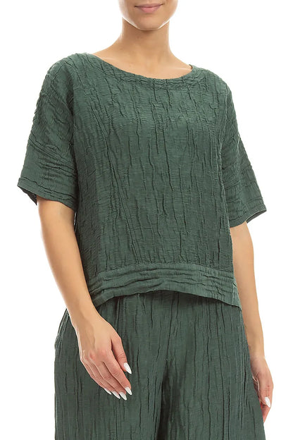 Horizontal Hem Crinkled Sage Silk Linen Blouse 3