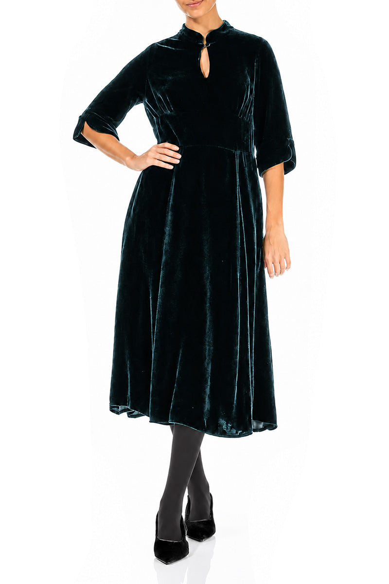 Keyhole Neck Deep Turquoise Silk Velvet Dress 4