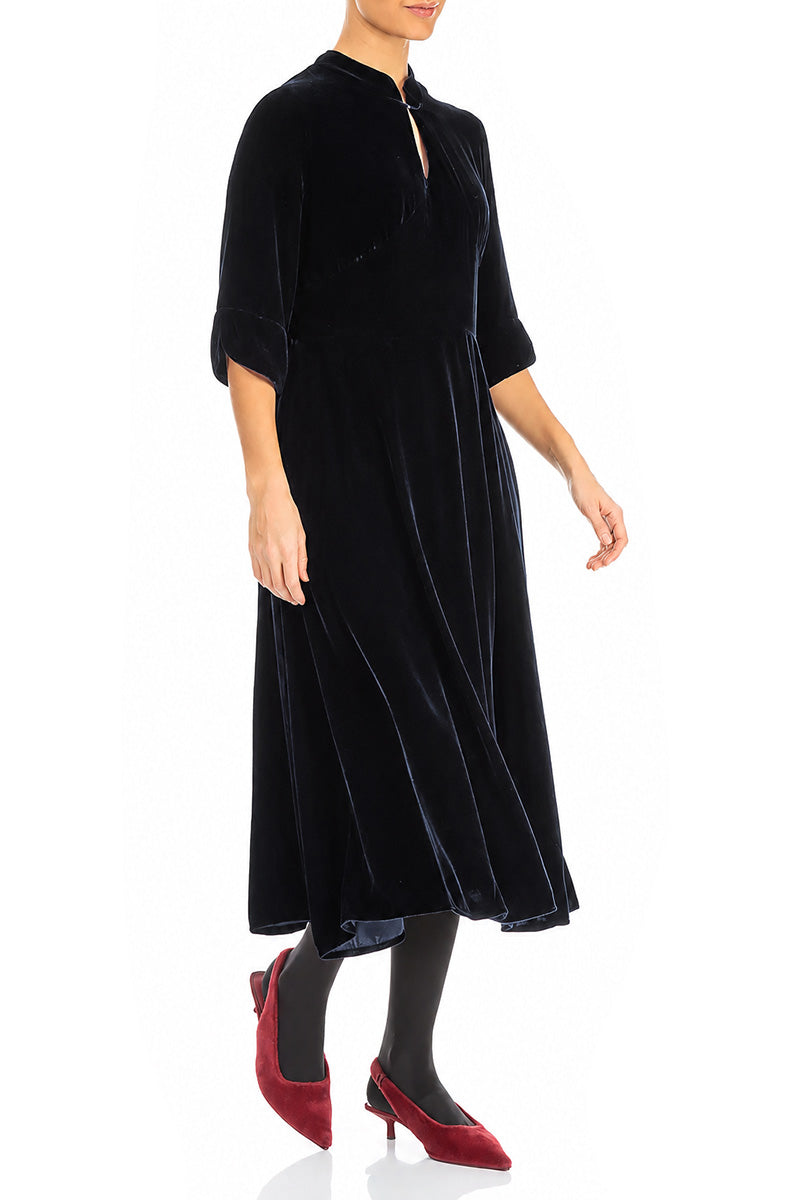 Keyhole Neck Slate Blue Silk Velvet Dress 4