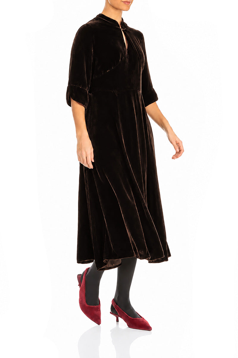 Keyhole Neck Truffle Brown Silk Velvet Dress 3