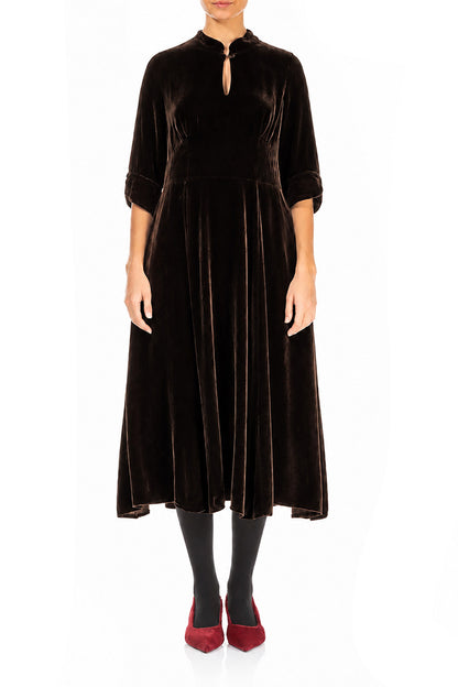 Keyhole Neck Truffle Brown Silk Velvet Dress