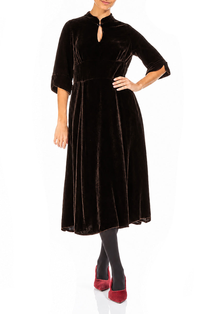 Keyhole Neck Truffle Brown Silk Velvet Dress 4