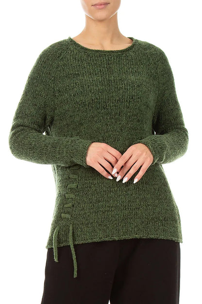 Lace-Up Dark Sage Wool Sweater