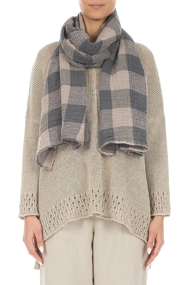 Large Check Beige Gauze Linen Scarf
