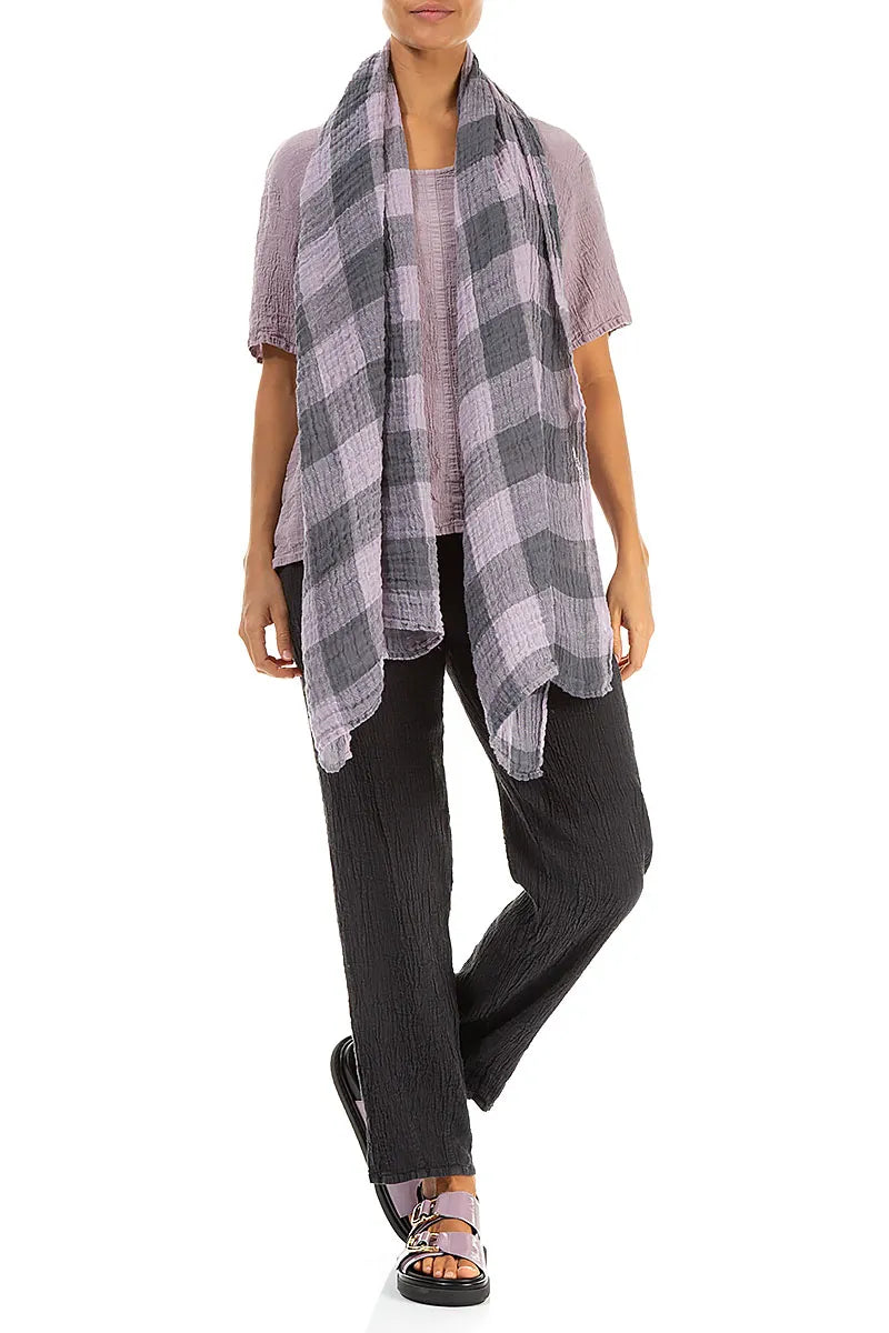 Large Check Lilac Gauze Linen Scarf