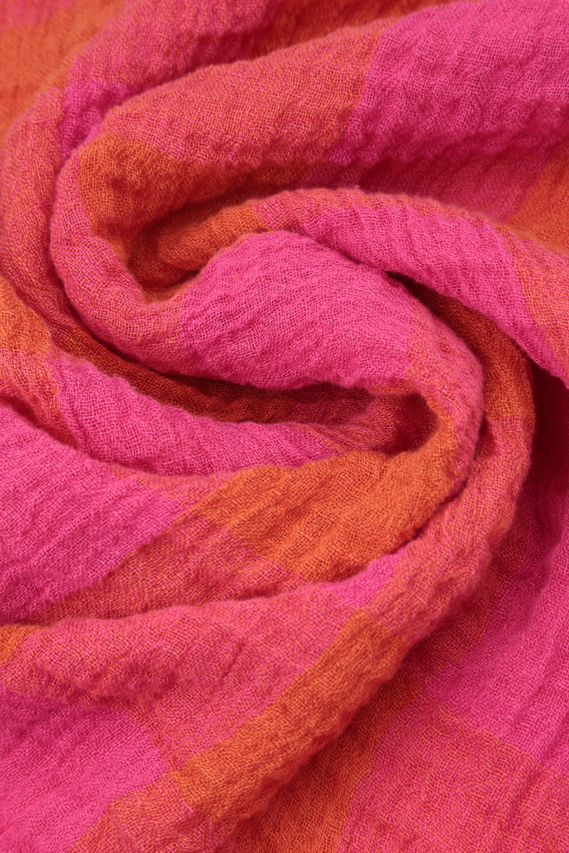 Large Check Pink Orange Gauze Linen Scarf 4