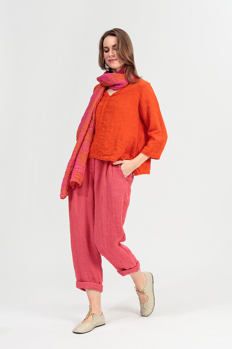 Large Check Pink Orange Gauze Linen Scarf 6