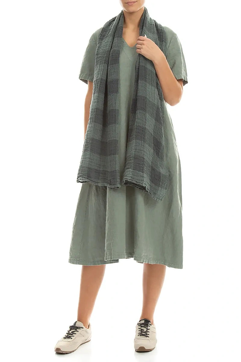 Large Check Sage Gauze Linen Scarf 2
