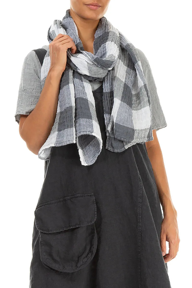 Large Check White Gauze Linen Scarf 3