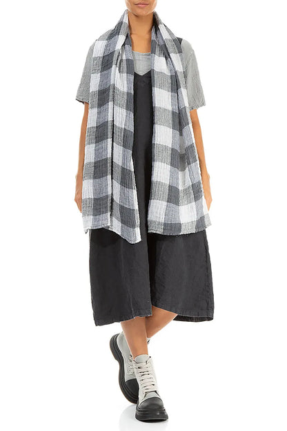 Large Check White Gauze Linen Scarf 2