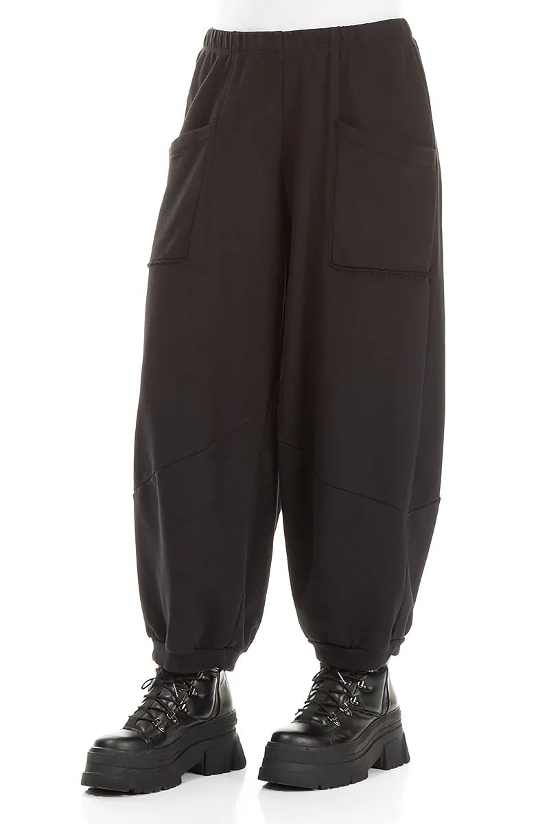 Large Pockets Black French Terry Cotton Trousers 3